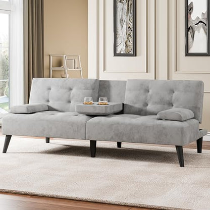 64" Futon Sofa Bed, Convertible Loveseat with 2 Cup Holders, Small Couch with 3 Adjustable Angles & Removable Armrest, Light Grey - color: Light Grey