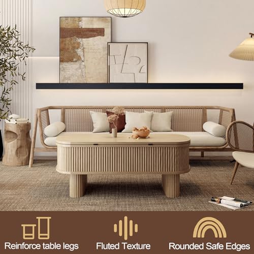 Lift Top Coffee Table with Large Storage,Lifting Converts to Dining Table,Oval Pop Up Coffee Table Fluted Wood Center Table for Living Room,Fully Assembled Space-Saving for Eating&Laptops - color: Oak Wood
