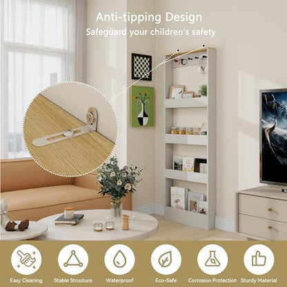 Behind Door Bookshelf Kids,Wooden Slim Tall Bookshelf 4-Tier Narrow Shelf | Space-Saving Book Shelf Organizer for Toys & Story Books Wall Mount Shelves with 5 Hooks Bedroom Living Room Antique White