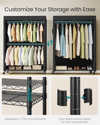 SONGMICS Heavy-Duty Rolling Clothes Rack, Garment Rack, Portable Closet on Wheels, with Adjustable Mesh Shelves and Hanging Rails, Fabric Cover, 15.8 x 43.3 x 78.3 Inches, Ink Black ULGR419BH01 - size: 43.3"W-With Fabric Cover
