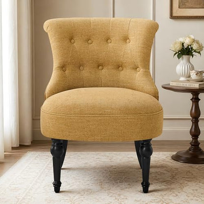 Upholstered Accent Chair, French Country Side Chair (1, Yellow) | with Tufted Backrest, Thick Padded Seat and Solid Wood Legs for Bedroom, Living Room, Vanity & Reading Nook - color: Yellow