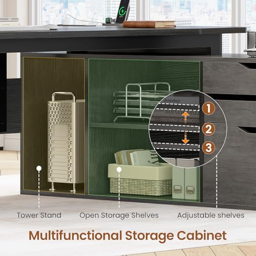 SEDETA 71" L Shaped Executive Desk with File Cabinet & Power Outlet | Computer Desk with 3 Storage Drawers, Adjustable Shelves, CPU Stand, Privacy Baffle, Modern Desk for Home Office, Gray - color: Grey