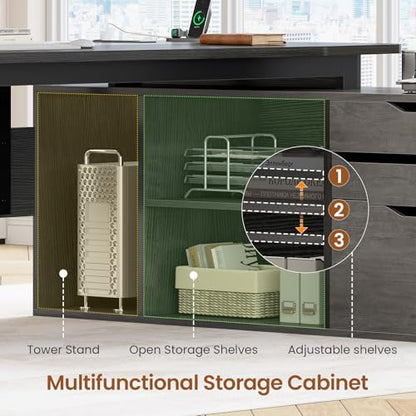 SEDETA 71" L Shaped Executive Desk with File Cabinet & Power Outlet | Computer Desk with 3 Storage Drawers, Adjustable Shelves, CPU Stand, Privacy Baffle, Modern Desk for Home Office, Gray - color: Grey