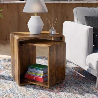 Relso Cascade Nesting Tables for Living Room with Premium Sheesham Wood Construction | Nesting End Tables with Smooth Curved Edges for Safety and Sophistication | Solid Wood Nesting Tables Set of 2 - color: Sheesham Natural