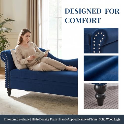 ERYE Velvet Upholstered Right Facing Chaise Lounge Chair, Blue Chaise Lounge Storage W/Nailhead Trim, Wood Legs, Classic Recliner Lounger Accent Sofa for Living Room Bedroom - color: Navy Blue/R