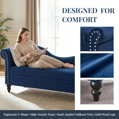 ERYE Velvet Upholstered Right Facing Chaise Lounge Chair, Blue Chaise Lounge Storage W/Nailhead Trim, Wood Legs, Classic Recliner Lounger Accent Sofa for Living Room Bedroom - color: Navy Blue/R