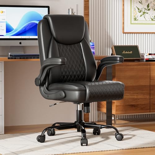 GTPLAYER PU Leather Office Chair, Home Desk Chair with Flip-up Arms, Black | Ergonomic Back, Comfy Executive Chair for Home Office Gaming, Flexible Rocking, Heavy Duty Chairs - color: Black