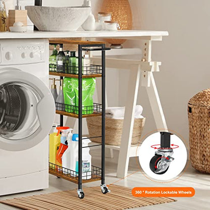 YBING Slim Storage Cart 4 Tier Narrow Kitchen Rolling Cart | Wooden Tabletop, Mobile Utility Stand on Wheels, For Bathroom Laundry Narrow Places, Rustic Brown 16.5"L x 7.3"W x 34.6"H - color: Browm