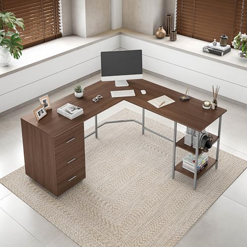 Techni Mobili L Shaped Desk - Two-Toned Computer Desks for Home Office with Storage Shelves & Cabinet - Simple Modern Furniture & Office Space Corner Table for Work & Writing - Grey & Walnut | 59" two‑tone L‑shaped desk with storage shelves, durable frame