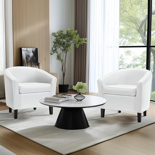 Yaheetech Accent Chairs Set of 2, Faux Leather Barrel Armchairs White | Water-resistant Faux Leather Chairs with High-density Foam and Solid Wood Legs for Living Room, Waiting Room, Small Space - color: White(faux Leather), style: without Ottoman