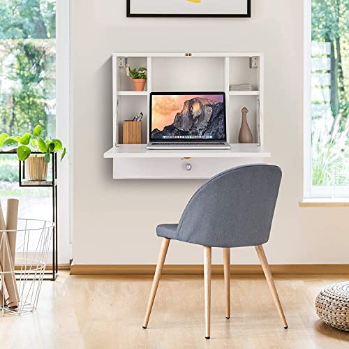 GRAFFY Wall Mounted Table, Multifunctional Folding Hanging Storage Cabinet, Space Saving Computer Desk w/Storage Drawer and Shelves, Wall Mount Laptop Desk for Home Office (White)