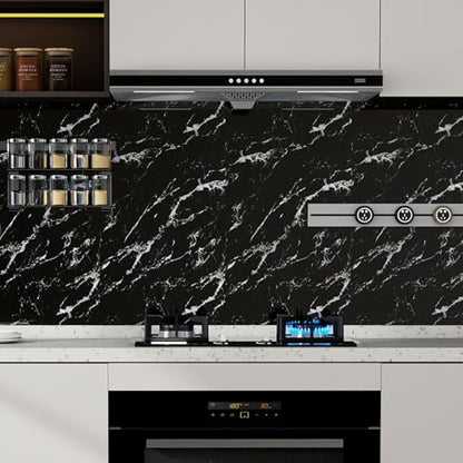 Glossy Marble Contact Paper Peel and Stick Wallpaper 17.7"x78.7" Black | Removable Waterproof Vinyl Wall Paper for Countertops Kitchen Cabinets Backsplash Furniture - color: Black, size: 17.7"W x 78.7"L