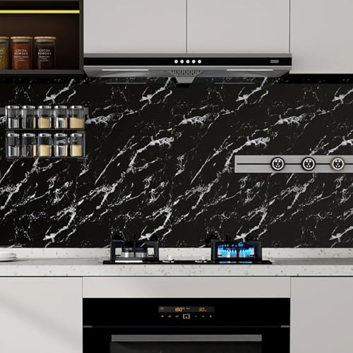 Glossy Marble Contact Paper Peel and Stick Wallpaper 17.7"x394" Black | Removable Waterproof Vinyl Wall Paper for Countertops Kitchen Cabinets Backsplash Furniture - color: Black, size: 17.7"W x 394"L