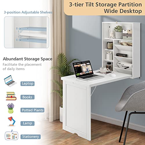 GOFLAME Wall Mounted Folding Desk, 3-Tier Tilt Storage Partition With Adjustable Shelves, Space-Saving Floating Laptop Desk, Convertible Writing Table for Home Office, White - color: White