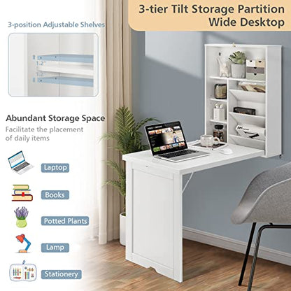 GOFLAME Wall Mounted Folding Desk, 3-Tier Tilt Storage Partition With Adjustable Shelves, Space-Saving Floating Laptop Desk, Convertible Writing Table for Home Office, White - color: White