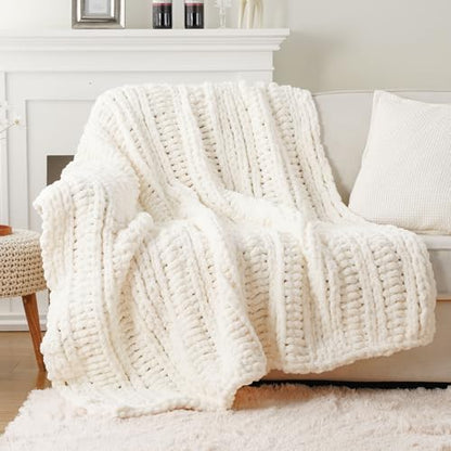 Battilo Chunky Knit Throw Blanket for Couch, 50"x60", White Cream | Hand Knit with Chunky Yarn, Super Soft Chenille Throw Blanket, Cozy Blanket, Farmhouse Throw Blanket for Living Room - color: Cream White