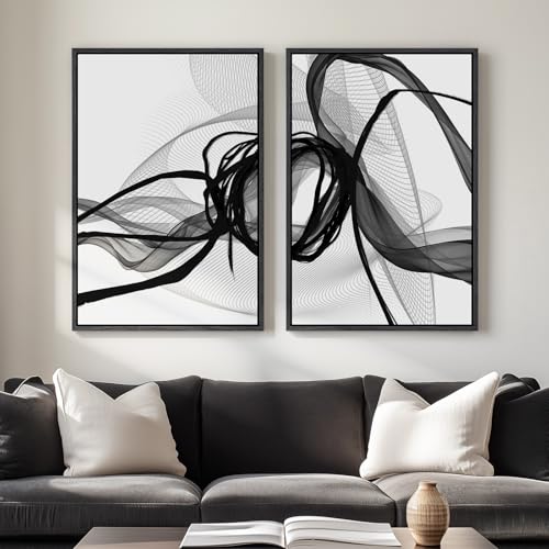 Large Framed Black and White Abstract Wall Art for Living Room, Set of 2 Modern Canvas Prints Paintings Artwork for Walls, Minimalist Lines Pictures for Dining Room Bedroom Office Wall Decor 24x36 In - color: Chaos & Order, size: 24" W x 36" H x 2Pcs
