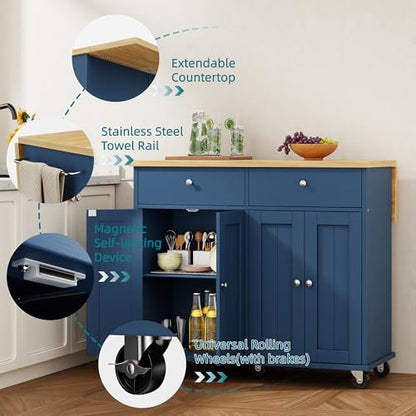 Shintenchi Kitchen Island with Drop Leaf, Rolling Kitchen Cart with Storage on Wheels, Table Bar Cart for Kitchen with Towel Rack & Seating Area for Dining Room, Blue - color: Blue