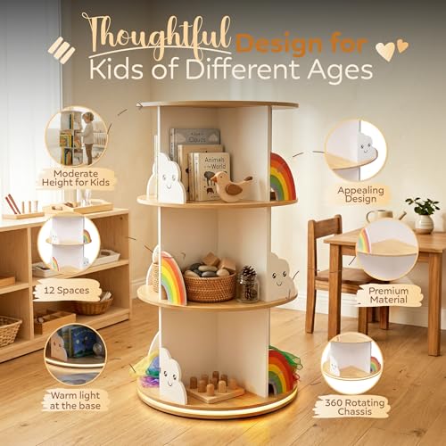 pimlyo® Rotating Bookshelf Kids with Removable Light, Spinning Book Shelf for Kids Rooms for Toddler Kid Room Storage, Small Wooden Round White Tower Bookcase for Nursery Bedroom Playroom Rooms