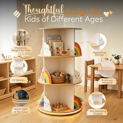 pimlyo® Rotating Bookshelf Kids with Removable Light, Spinning Book Shelf for Kids Rooms for Toddler Kid Room Storage, Small Wooden Round White Tower Bookcase for Nursery Bedroom Playroom Rooms
