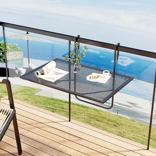 Tangkula Balcony Railing Table, Outdoor Folding Hanging Table with Metal Frame, Space-Saving Bar Serving Table Fits Railings Up to 2.4” Thick for Patio, Porch, Deck - size: 24” x 20” x 20”