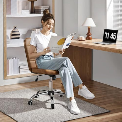 Yaheetech Retro Brown Tufted Armless Desk Chair with Wheels, Faux Leather | Thick foam cushioned seat tilts back to relax, lifts 18-22 in, spins 360 degrees, holds 300 lb, and assembles with ease. - color: Retro Brown