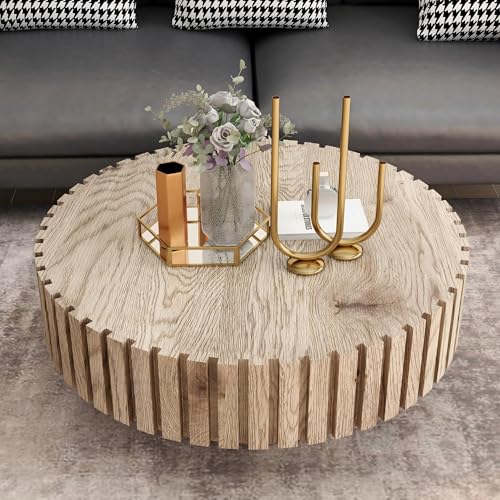 Round Wood Coffee Table for Living Room Modern Rustic Fluted Solid Wood Coffee Table Pedestal Center Table Circle Tea Tables for Apartment Easy Assembly(31.5''Oak Natural) - color: Oak Natural, size: 31.5''Round