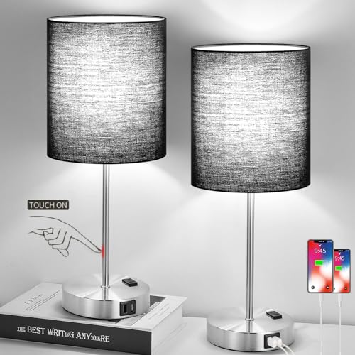 Lynnoland Set of 2 Touch Control Table Lamps with 2 USB & AC Outlet, 3-Way Dimmable Bedside Nightstand Lamps for Bedroom Living Room Nursery, 800 Lumens 5000K Daylight Bulbs Included - color: (2 Pack)Black & Brushed Nickel(Base)-5000K Bulbs Included