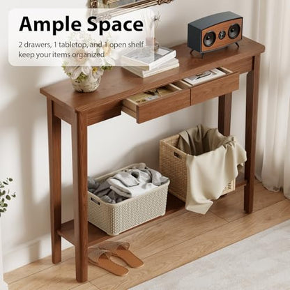 AQIMUELE Wood Console Table with Drawers, Walnut - color: Walnut