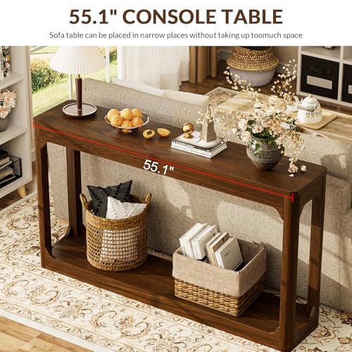 55.1" Console Table, Entryway Sofa Table for Hallway, Walnut | Engineered wood, Slim console table, curved legs, 2-tier storage, entryway hallway sofa living room - color: Walnut