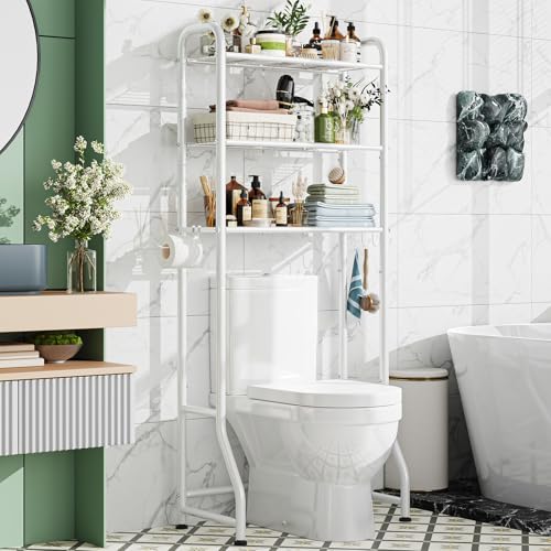 Simple Trending Over The Toilet Storage Rack, Metal 3 Tier Bathroom Organizer Shelf with Paper Holder and 3 Hooks, Freestanding Shelf Space Saver Above Toilet, White - color: 3-tier White