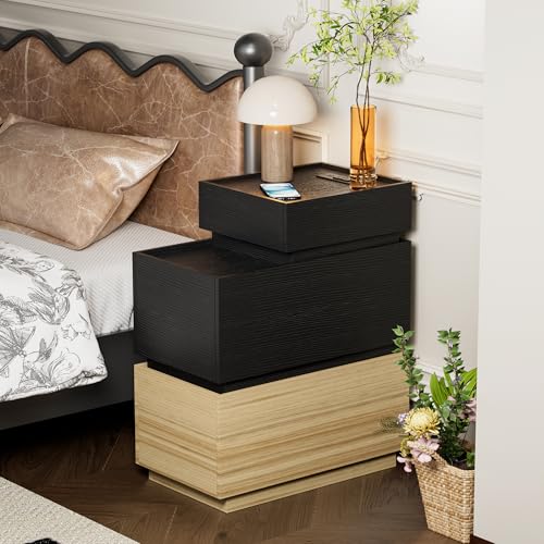 End Table with Charging Station, Nightstand with Drawers and Storage | Narrow Side Table with USB Ports and Power Outlets for Living Room and Bedroom, Black and Brown