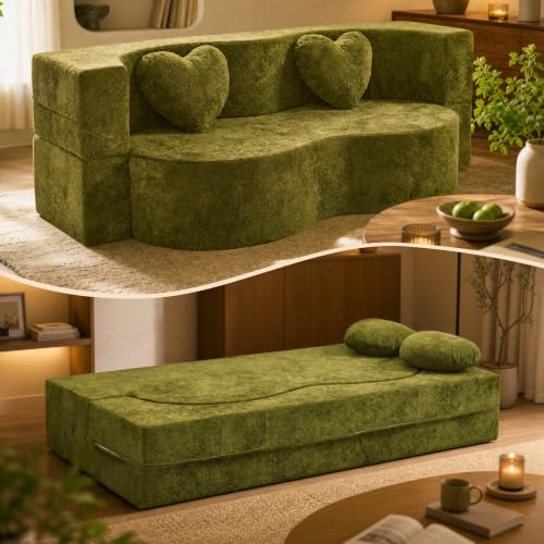 Convertible Folding Sofa Bed, 2-in-1 Floor Couch and Mattress,Modern Boneless Loveseat Sleeper in a Box for Small Spaces, No Assembly Foam Futon with 2 Pillows for Living Room (Olive Green, 39.37"W) - color: Olive Green, size: 39.37"W