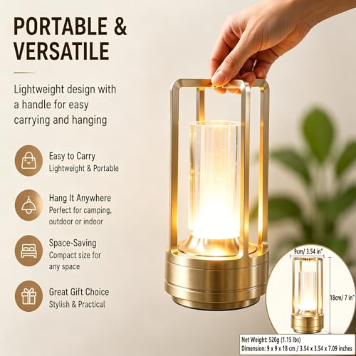 Rechargeable Crystal Table Lamp, 3-Color Touch LED, Gold | Gold metal crystal lantern, 3-color touch dimming, USB-C rechargeable, compact 7.1 in accent light for patio table - style: golden-1