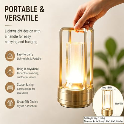 Rechargeable Crystal Table Lamp, 3-Color Touch LED, Gold | Gold metal crystal lantern, 3-color touch dimming, USB-C rechargeable, compact 7.1 in accent light for patio table - style: golden-1