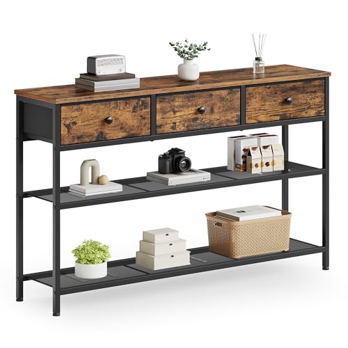 SONGMICS Console Table, Narrow Sofa Table with 2 Mesh Shelves | For Entryway, Living Room, 3 Fabric Drawers, Rustic Brown, BELLAH Collection ULGS014K101 - color: Rustic Brown, size: 11.8"D x 44.8"W x 31"H (3 Drawers)
