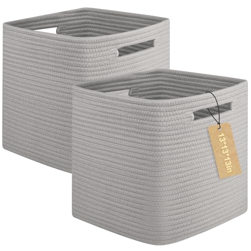 OIAHOMY 2 PACK Cube Storage Bin 13 Inch Collapsible Storage Cube Grey | Cube Storage Organizer Storage Bins for Shelves Baskets for Organizing Woven Rope Storage Baskets - color: Grey, size: 2Pcs-13*13*13inch