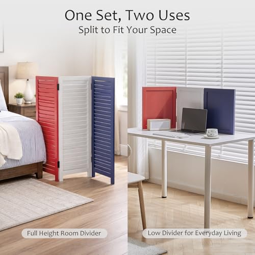 1 Pack 3 Panel Wood Short Room Divider Screen Red White Blue | Freestanding Modular Louvered Partition Screen For Bedroom Home Office Apartment Privacy - color: Red White Blue