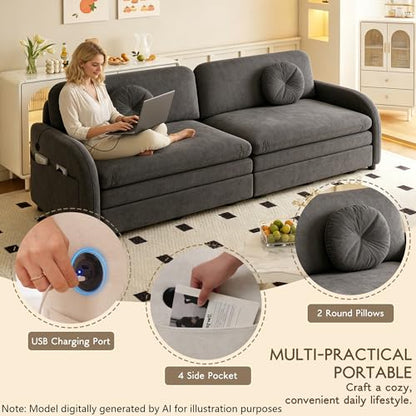 81.1'' King Size Sleeper Sofa Bed, 3-in-1 Pull Out Chenille Couch, Grey | Cozy Curved Armrest, Loveseat with USB, 2 Round Pillows, Washable Cover, Pocket, for Living Room, Apartment, Small Spaces, RV - color: Grey, size: 81.1'' King