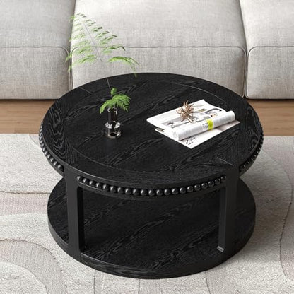 Round Wood Coffee Table, Farmhouse Rustic Circle Coffee Tables, 2-Tier Solid Wood Coffee Table for Living Room Apartment Office-31.5'' Black - color: 2tier-black Wood, size: 31.5''Round
