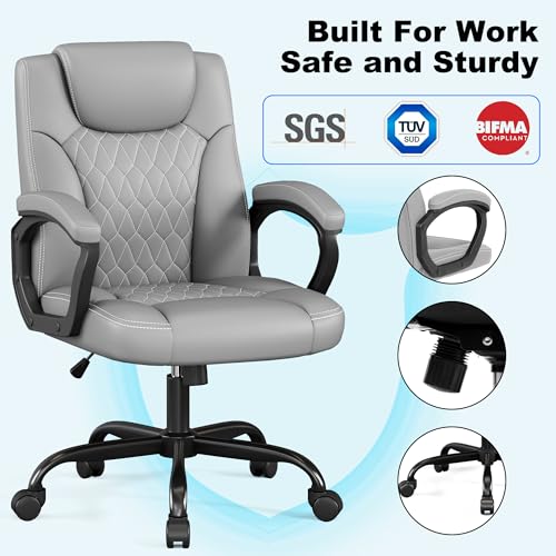 Misolant Office Chair, Executive Desk Chair, PU Leather Comfortable Ergonomic Chairs with Fixed Armrest, Adjustable Height, Rocking Function, 360° Swivel Wheels, Gray - color: Grey