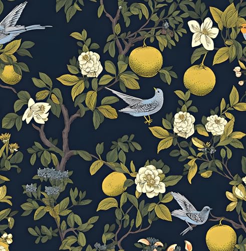 Green Birds Floral Wallpaper Peel and Stick 17.5" × 118" | Self Adhesive/Removable/Waterproof/Thick Vinyl Contact Paper for Bathroom Bedroom Shelf Cabinet Drawer,Prepasted,Easy Peel - color: Dark Blue Bird, size: 17.5" x 118"