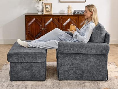 Eafurn Modern Chenille Accent Chair with Ottoman for Small Space, Comfy Upholstered Reading Chairs Lounge Armchair with Foot Rest, Sturdy Solid Wood Frame for Living Room - color: Gray 37.5"