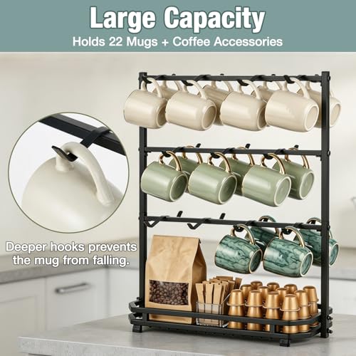 Coffee Mug Holder for Countertop, 22 Hooks Metal Coffee Cup Holder Rack | 3 Tier Mug Tree Holder Rack, Mug Tree Stand with Storage Base for K Cup Coffee Pod Paper Cups Tea Bag, Black - color: 3-Tier