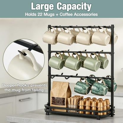 Coffee Mug Holder for Countertop, 22 Hooks Metal Coffee Cup Holder Rack | 3 Tier Mug Tree Holder Rack, Mug Tree Stand with Storage Base for K Cup Coffee Pod Paper Cups Tea Bag, Black - color: 3-Tier