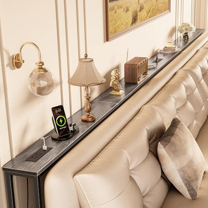 Huuger 141.7 Inch Sofa Table with Power Outlets, Skinny Behind Couch Table | 5.9 Inch Narrow Entryway Table, Extra-Long Console Table, Behind the Couch Table with Outlet for Living Room, Grey - color: Charcoal Grey, size: 5.9"D × 141.7"W × 29.7"H