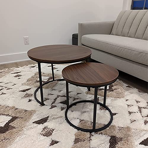 aboxoo Coffee Table Nesting Side Round Set of 2 End Table Top Sturdy Metal Frame Desk Centerpiece Living Room Bedroom Apartment Modern Industrial Simple Nightstand - color: Black Brown