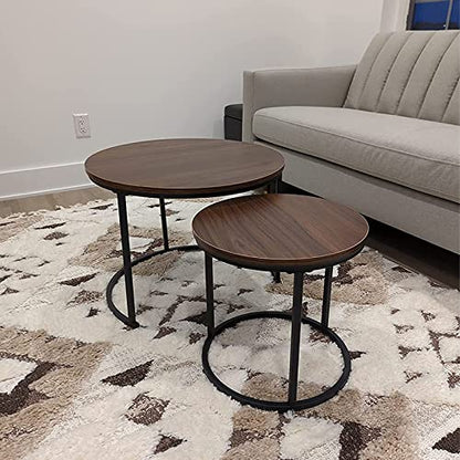aboxoo Coffee Table Nesting Side Round Set of 2 End Table Top Sturdy Metal Frame Desk Centerpiece Living Room Bedroom Apartment Modern Industrial Simple Nightstand - color: Black Brown