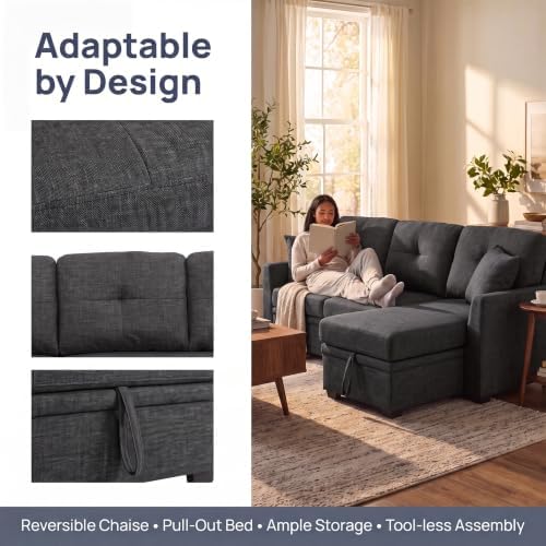 L Shape Queen 3-Seat Pull Out Sleeper Sofa Bed with Storage, Black | Convertible Sofa Bed, L Shape Sleeper Sofa wit, Reversible Storage Chaise, Tufted Fabric,Sectional Sleeper Sofa - color: C-charcoal Black-03c