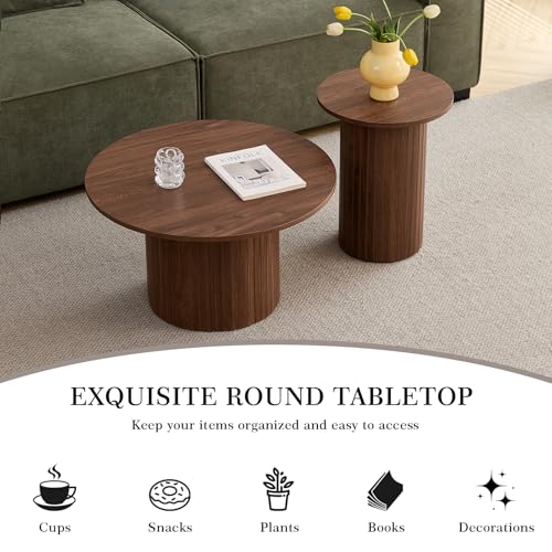 Round Nesting Coffee Table Set of 2 Mid Century Modern Wood Round Coffee Tables with Flexible Small Boho Circle Side Table for Space Saving Living Room Comedor Home Office Bedroom(Brown) - color: 2pcs Brown